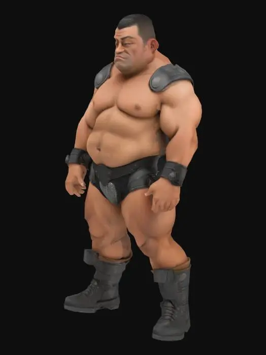 3D model for Muscle , Papa, Chubby , Dark-Tan skin , crew cut , ashamed face , Micro Black armor , Micro shoulder armor, Micro Armor Briefs , boot