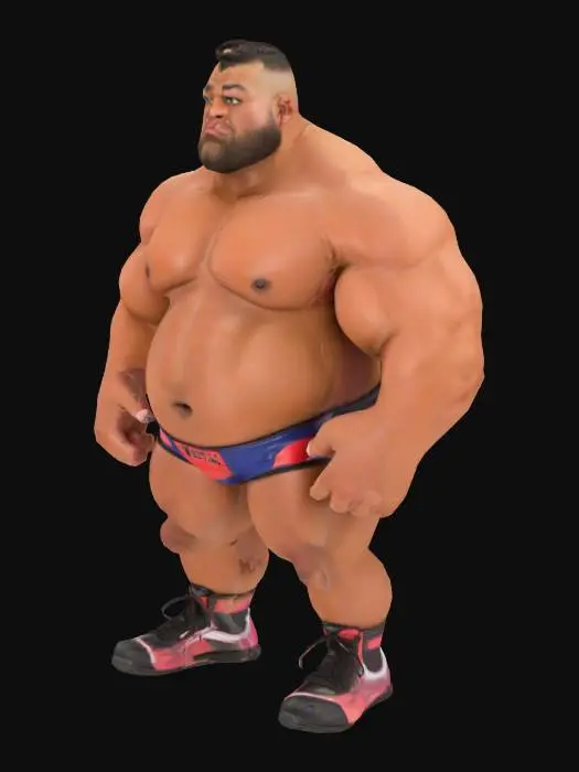 3D model for Muscle , Male , Chubby , Dark-Tan skin , crew cut , ashamed face ,  micro wrestling suit 