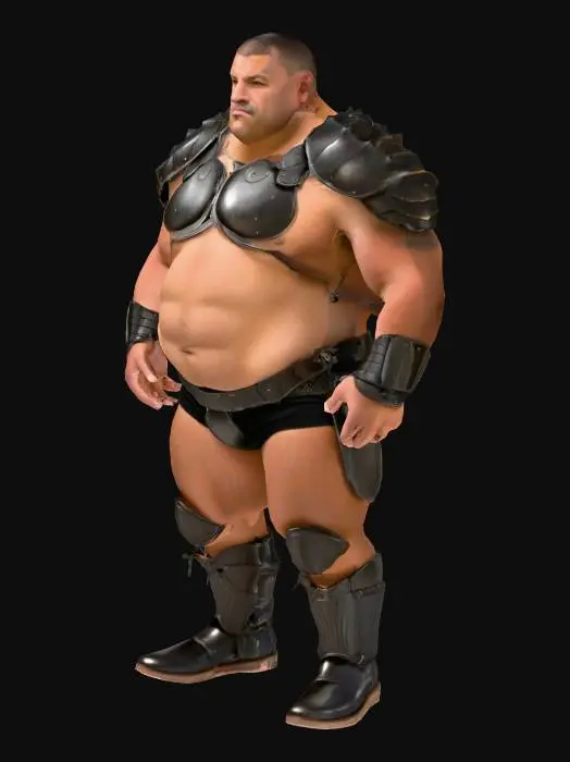 3D model for Muscle , Papa, Chubby , Dark-Tan skin , crew cut , ashamed face , Micro Black armor , Micro shoulder armor, Micro Armor Briefs , boot