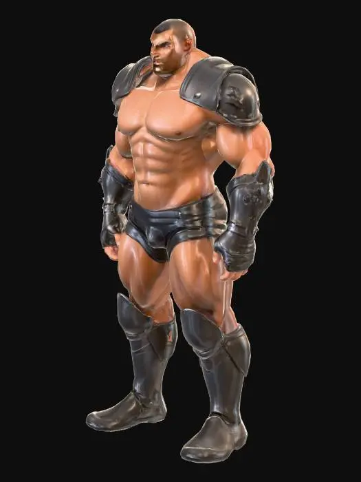 3D model for Muscle , Papa, Chubby , Dark-Tan skin , crew cut , ashamed face , Micro Black armor , Micro shoulder armor, Micro Armor Briefs , boot