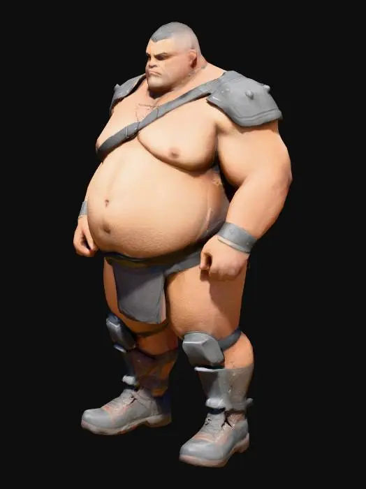 3D model for Muscle , Papa, Chubby , Dark-Tan skin , crew cut , ashamed face , Micro Black armor , Micro shoulder armor, Micro Armor Briefs , boot