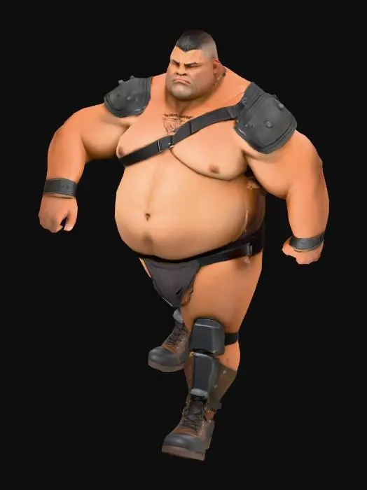 3D model for Muscle , Papa, Chubby , Dark-Tan skin , crew cut , ashamed face , Micro Black armor , Micro shoulder armor, Micro Armor Briefs , boot