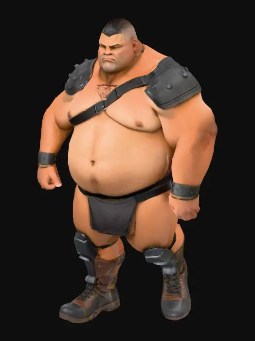 3D model for Muscle , Papa, Chubby , Dark-Tan skin , crew cut , ashamed face , Micro Black armor , Micro shoulder armor, Micro Armor Briefs , boot