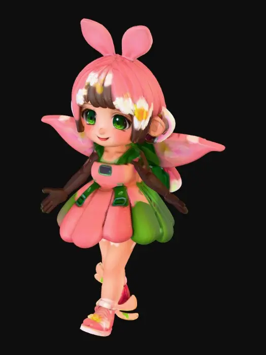 3D model for A cute anime chibi flower girl with a big green backpack full of magical ingredients