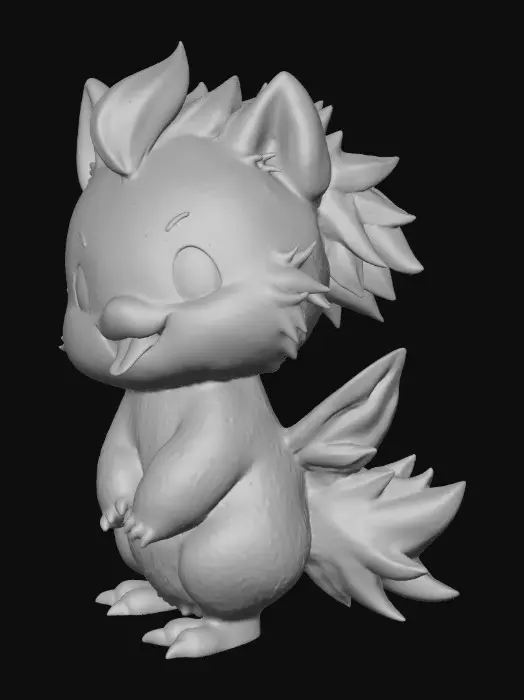 3D model for A whimsical anime-style creature, a blend of dog, lion, and duck, boasts a body covered in soft, fluffy white fur with pastel rainbow highlights along its back. Its stout, rounded body features a dog-like snout, a lion's small mane, and webbed duck feet. Vibrant, translucent rainbow-colored wings sprout from its shoulders, shimmering with an ethereal glow. A long, bright pink, rubbery tongue comically lolls from its smiling mouth, adding to its playful expression.