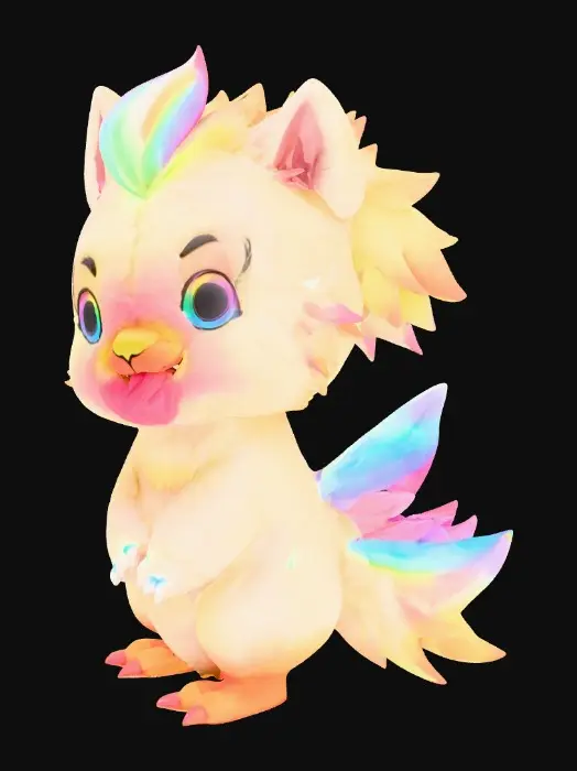 3D model for A whimsical anime-style creature, a blend of dog, lion, and duck, boasts a body covered in soft, fluffy white fur with pastel rainbow highlights along its back. Its stout, rounded body features a dog-like snout, a lion's small mane, and webbed duck feet. Vibrant, translucent rainbow-colored wings sprout from its shoulders, shimmering with an ethereal glow. A long, bright pink, rubbery tongue comically lolls from its smiling mouth, adding to its playful expression.