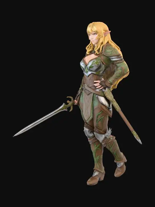 3D model for Generate an image of an elf warrior using the character from the reference image. Maintain the following base model exactly as it is without changing its physical attributes: dimensions, proportions, and overall structure. Only enhance or refine textures, colors, surface details, or apply visual improvements. Do NOT modify geometry, limb lengths, body proportions, or overall scale. Keep the model exactly the same shape and volume as the original.
Negative prompt: Do not adjust: size, shape, proportions, joint angles, lengths, heights, or any metric of physical geometry.
Enhance surface texture realism, add high-resolution materials, and improve shading and lighting, but do not alter model's 3D geometry.