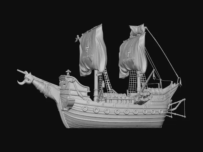 3D model for A massive fantasy pirate warship designed for a multiplayer boat game, dark oak hull reinforced with iron plating, jagged ram prow shaped like a sea serpent, glowing blue runes carved into the wood, torn crimson sails with a custom skull-and-trident emblem, heavy cannons lining both sides, harpoon launchers mounted on deck, rope rigging detailed and realistic, lanterns casting warm orange light at dusk, ocean mist rolling around the hull, cinematic lighting, ultra-detailed, game-ready design, high poly, realistic textures, dramatic clouds, 4k concept art, side profile and 3/4 perspective view, Unreal Engine style render
