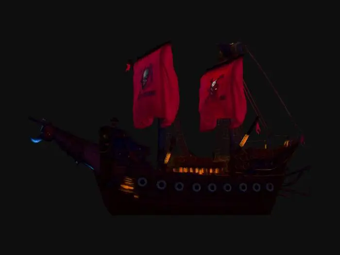 3D model for A massive fantasy pirate warship designed for a multiplayer boat game, dark oak hull reinforced with iron plating, jagged ram prow shaped like a sea serpent, glowing blue runes carved into the wood, torn crimson sails with a custom skull-and-trident emblem, heavy cannons lining both sides, harpoon launchers mounted on deck, rope rigging detailed and realistic, lanterns casting warm orange light at dusk, ocean mist rolling around the hull, cinematic lighting, ultra-detailed, game-ready design, high poly, realistic textures, dramatic clouds, 4k concept art, side profile and 3/4 perspective view, Unreal Engine style render