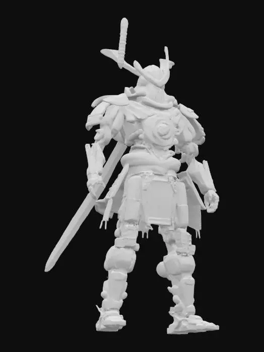 3D model for A cyberpunk samurai robot, intricate armor with glowing neon circuits, standing in a rainy Tokyo alley at night, cinematic lighting, Unreal Engine 5 render, 8k, octane render, volumetric fog.