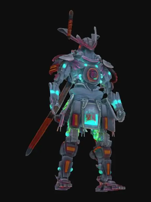 3D model for A cyberpunk samurai robot, intricate armor with glowing neon circuits, standing in a rainy Tokyo alley at night, cinematic lighting, Unreal Engine 5 render, 8k, octane render, volumetric fog.