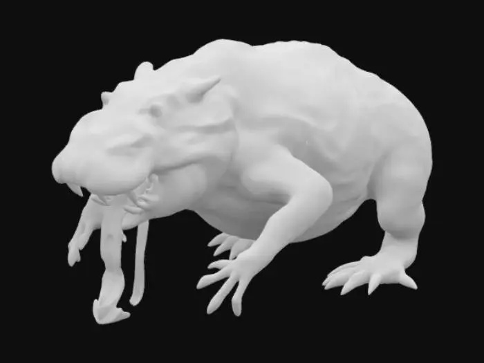 3D model for The mutated, giant alien hippo stands over 30 feet tall, with dark green, pulsating skin and glowing veins. Its six swirling eyes mesmerize prey, while jagged crystalline teeth emit an eerie hum. Toxic mist seeps from its nostrils, corroding everything. Long, armored limbs end in razor-sharp claws, and tendrils drip acid from its back. A thick, segmented tail shatters structures with ease. Coldly intelligent, it stalks the land, leaving only destruction and eerie silence in its wake.