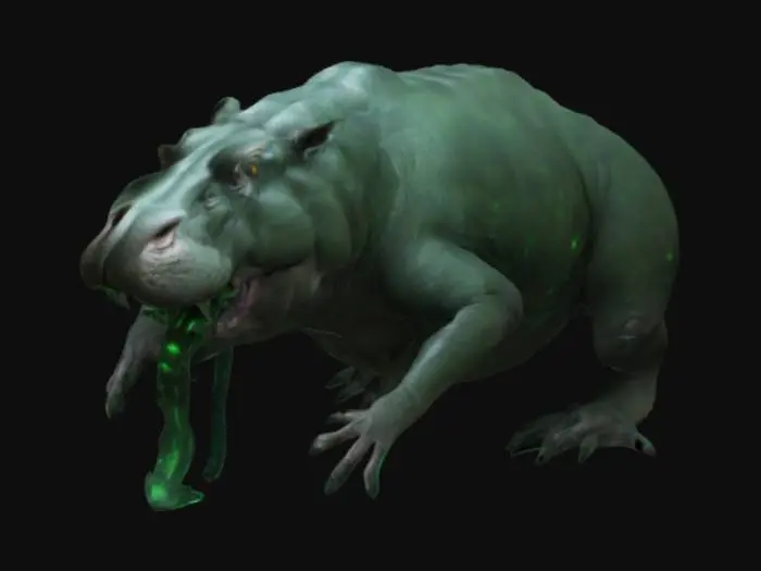 3D model for The mutated, giant alien hippo stands over 30 feet tall, with dark green, pulsating skin and glowing veins. Its six swirling eyes mesmerize prey, while jagged crystalline teeth emit an eerie hum. Toxic mist seeps from its nostrils, corroding everything. Long, armored limbs end in razor-sharp claws, and tendrils drip acid from its back. A thick, segmented tail shatters structures with ease. Coldly intelligent, it stalks the land, leaving only destruction and eerie silence in its wake.