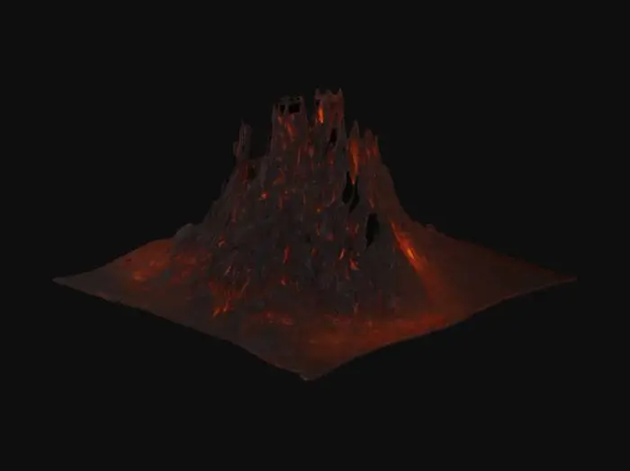 3D model for Pyros’ Lair: A volcanic stronghold surrounded by rivers of lava, with jagged rocks and molten crevices.