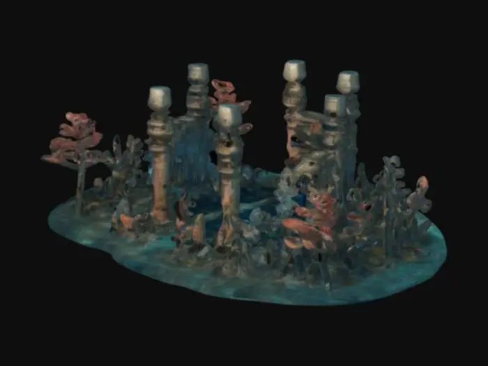 3D model for Nautica’s Bastion: An underwater palace guarded by turbulent waves and sea creatures, with coral formations and submerged chambers.