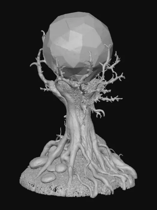 3D model for A floating, multifaceted crystal orb tangled in glowing, thorned roots, part organic, part arcane tech, pulses with shifting glyphs and flickers of trapped memories: ghostly silhouettes, candlelight, fragments of forgotten spells. The roots drip spectral ichor and are etched with runes, while the orb hovers in a dark void lit only by its eerie inner glow. A haunted hard drive storing the soul of a witch. Style: biopunk, arcane technology, cinematic lighting, volumetric fog, high detail, eerie glow, modular artifact. , #Halloween2025#
