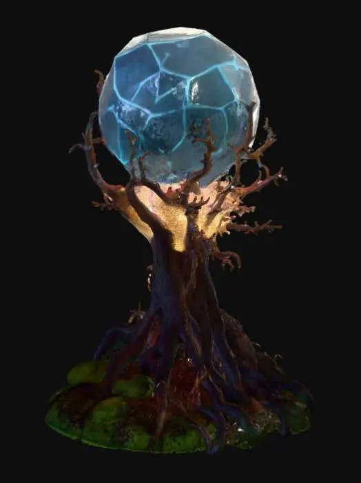 3D model for A floating, multifaceted crystal orb tangled in glowing, thorned roots, part organic, part arcane tech, pulses with shifting glyphs and flickers of trapped memories: ghostly silhouettes, candlelight, fragments of forgotten spells. The roots drip spectral ichor and are etched with runes, while the orb hovers in a dark void lit only by its eerie inner glow. A haunted hard drive storing the soul of a witch. Style: biopunk, arcane technology, cinematic lighting, volumetric fog, high detail, eerie glow, modular artifact. , #Halloween2025#
