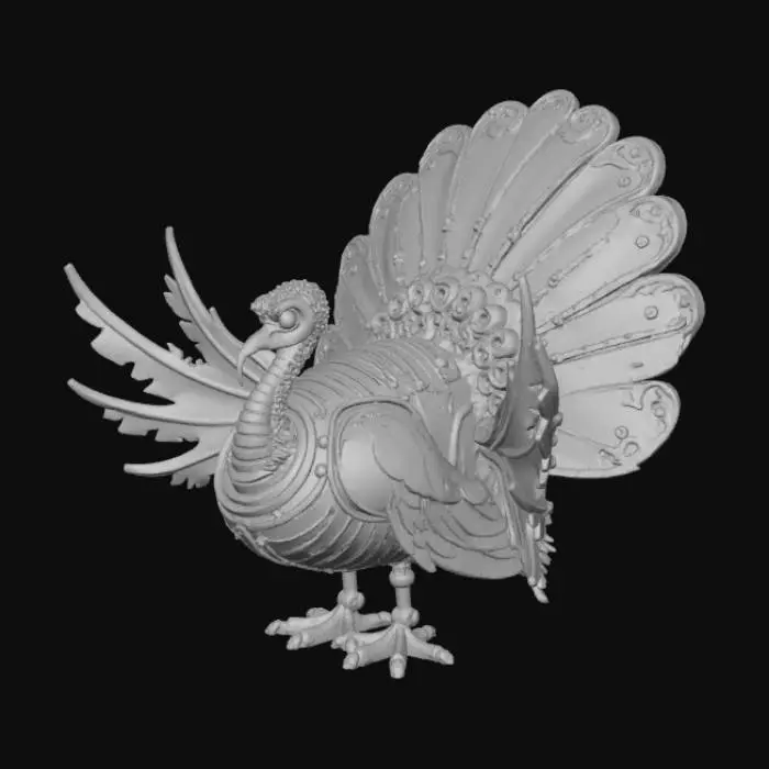 3D model for A Thanksgiving-themed mechanical turkey centerpiece. The object should feature articulated wings, exposed brass gears, and glowing amber eyes. Its body combines steampunk aesthetics with autumnal motifs like engraved oak leaves and copper feathers. Designed as a modular tabletop ornament, it should evoke warmth, tradition, and industrial fantasy, perfect for festive decor or narrative integration. , #Thanksgiving#