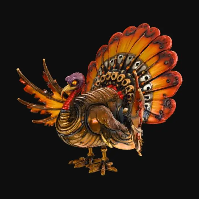 3D model for A Thanksgiving-themed mechanical turkey centerpiece. The object should feature articulated wings, exposed brass gears, and glowing amber eyes. Its body combines steampunk aesthetics with autumnal motifs like engraved oak leaves and copper feathers. Designed as a modular tabletop ornament, it should evoke warmth, tradition, and industrial fantasy, perfect for festive decor or narrative integration. , #Thanksgiving#