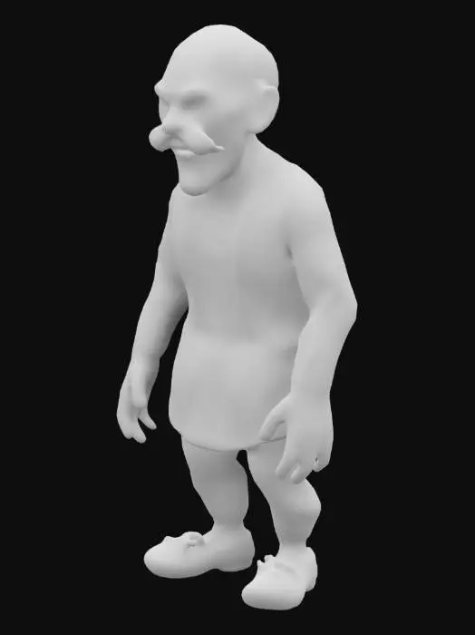 3D model for Generate a detailed 3D model of a sinister puppet gangster with sharp eyebrows, deep-set eyes, a prominent nose, and a thin mustache. He has a mischievous grin, blending humor with menace. He wears a red kurta with golden embroidery, a black waistcoat, and traditional Indian shoes. His hunched posture and curved hands give him a scheming look. Textures should be realistic, with aged fabric and lifelike skin for a creepy yet charismatic presence