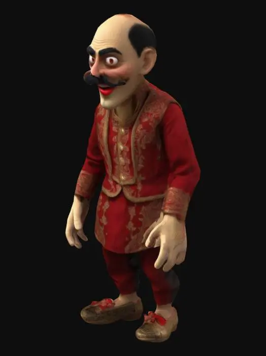 3D model for Generate a detailed 3D model of a sinister puppet gangster with sharp eyebrows, deep-set eyes, a prominent nose, and a thin mustache. He has a mischievous grin, blending humor with menace. He wears a red kurta with golden embroidery, a black waistcoat, and traditional Indian shoes. His hunched posture and curved hands give him a scheming look. Textures should be realistic, with aged fabric and lifelike skin for a creepy yet charismatic presence
