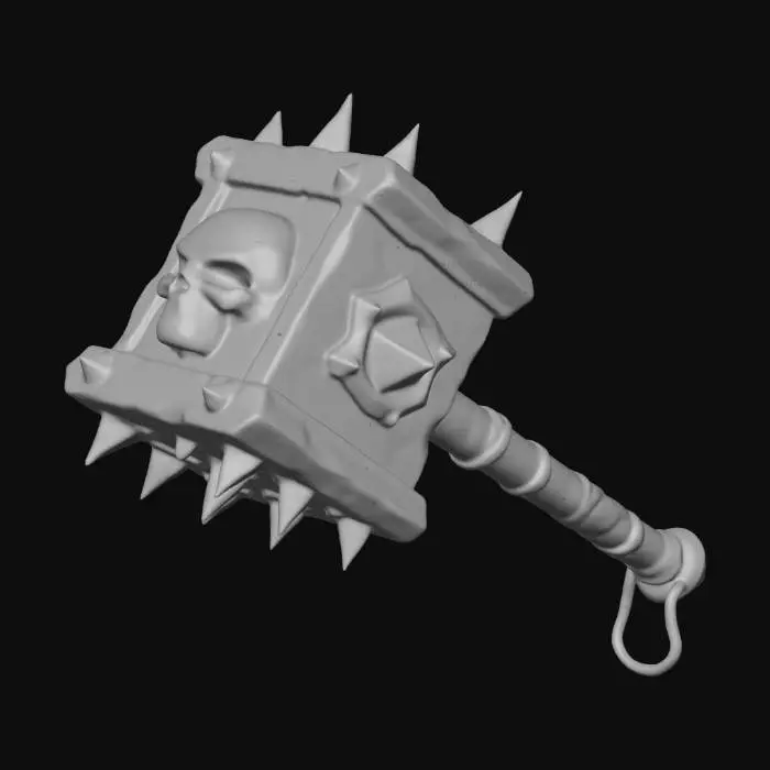3D model for A massive fantasy war hammer, Shao Kahn's weapon. The head is a gigantic, solid, rectangular block of dark metal, not bladed. It has two identical, flat, blunt striking faces opposite each other. A skull motif is carved into these flat faces. Large spikes protrude from the top of the blocky head. A very thick handle is connected centrally to the bottom of the hammer head, wrapped in leather bands. Heavy, brutal, symmetrical shape.
