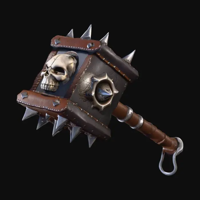 3D model for A massive fantasy war hammer, Shao Kahn's weapon. The head is a gigantic, solid, rectangular block of dark metal, not bladed. It has two identical, flat, blunt striking faces opposite each other. A skull motif is carved into these flat faces. Large spikes protrude from the top of the blocky head. A very thick handle is connected centrally to the bottom of the hammer head, wrapped in leather bands. Heavy, brutal, symmetrical shape.