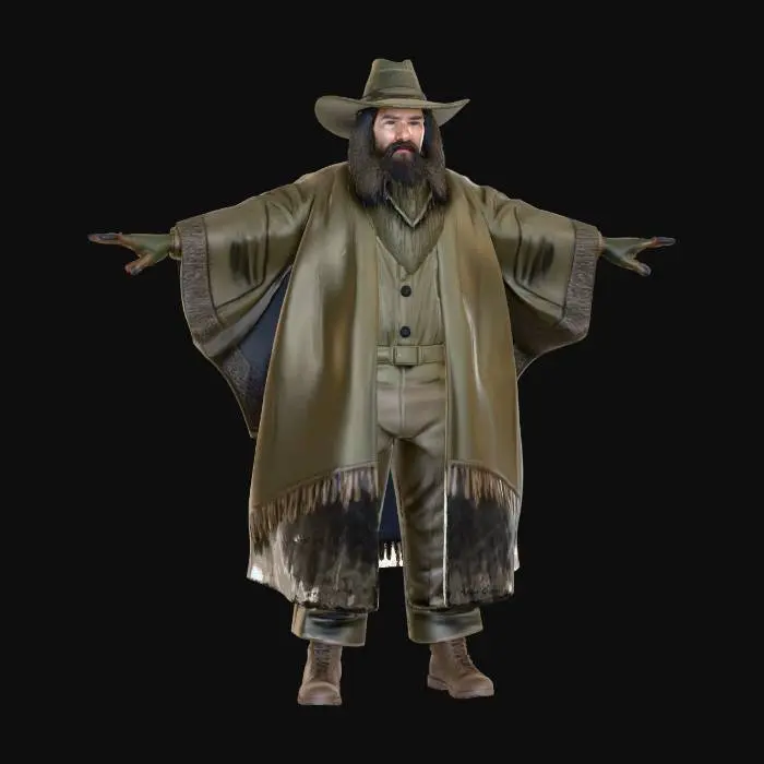 3D model for Hombre con poncho holgado, barba, gorro de frio, botas militares y pantalones de camuflaje.
Es un rebelde en un mundo post-apocaliptico viviendo en los frios andes. Cara seria, rigida, duro, ropa un poco rota y sucia