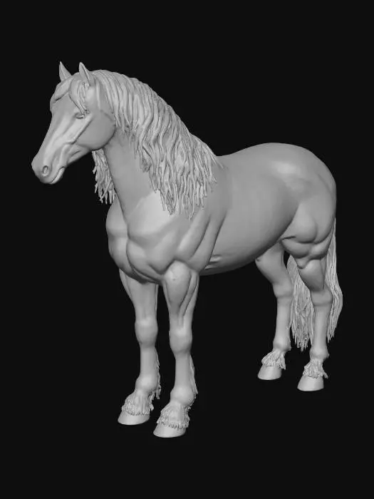 3D model for Um imponente cavalo de guerra medieval de cor castanha escura ou preta, com uma pelagem curta e densa que exibe um brilho subtil. Os seus músculos são visivelmente definidos, especialmente nas patas robustas e no pescoço grosso e arqueado, transmitindo uma sensação de poder e resistência. A crina e a cauda são longas e espessas, de um tom mais escuro, com uma textura sedosa e forte. Os seus olhos são grandes e alertas, e as narinas dilatadas mostram uma respiração controlada. A pele é lisa ao toque, mas firme sobre a estrutura óssea sólida.