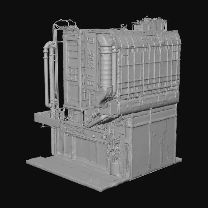 3D model for The scene depicts an intricate city block set in a cyberpunk universe. Bright neon signs adorn the exteriors of towering metallic structures, which are adorned with graffiti and feature pipes snaking down their surfaces. A hovering car is stationed on the street, while drones zip between the skyscrapers above. Dimly lit alleyways wind between the buildings, contributing to the gritty, urban atmosphere. The depiction is ultra-realistic and highly detailed. It has a parking lot with glowing lights on the floor setting marks of spots that have neon lights written down on the floor, it's a big parking lot with a lot of spots decorated in metallic ornamental neon