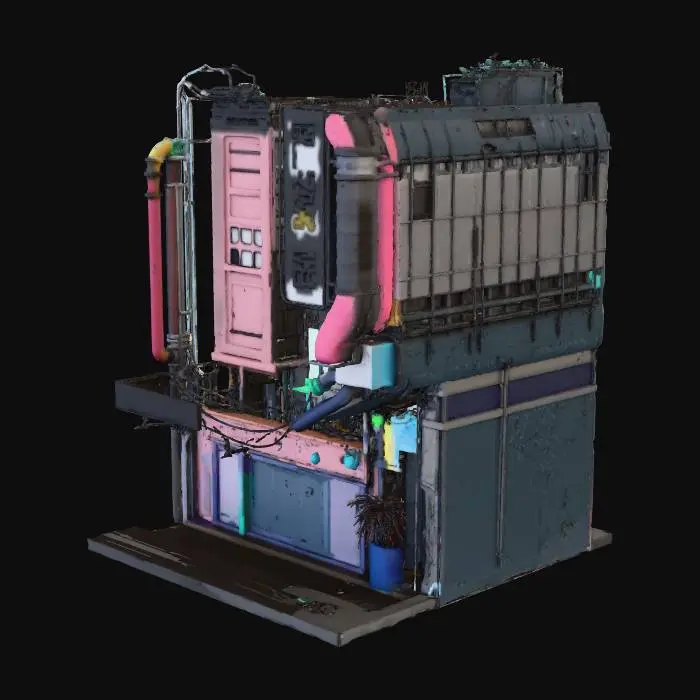 3D model for The scene depicts an intricate city block set in a cyberpunk universe. Bright neon signs adorn the exteriors of towering metallic structures, which are adorned with graffiti and feature pipes snaking down their surfaces. A hovering car is stationed on the street, while drones zip between the skyscrapers above. Dimly lit alleyways wind between the buildings, contributing to the gritty, urban atmosphere. The depiction is ultra-realistic and highly detailed. It has a parking lot with glowing lights on the floor setting marks of spots that have neon lights written down on the floor, it's a big parking lot with a lot of spots decorated in metallic ornamental neon