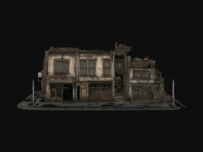 3D model for A detailed derelict town with shabby buildings and worn out roads and streetlights.