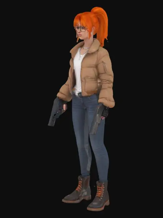 3D model for a girl with orange hair in a ponytail. she wears glasses. her outfit is a a cropped puffy jacket with a plain white shirt under, skinny jeans, and boots. she wears silver jewelry and carries two pistols.