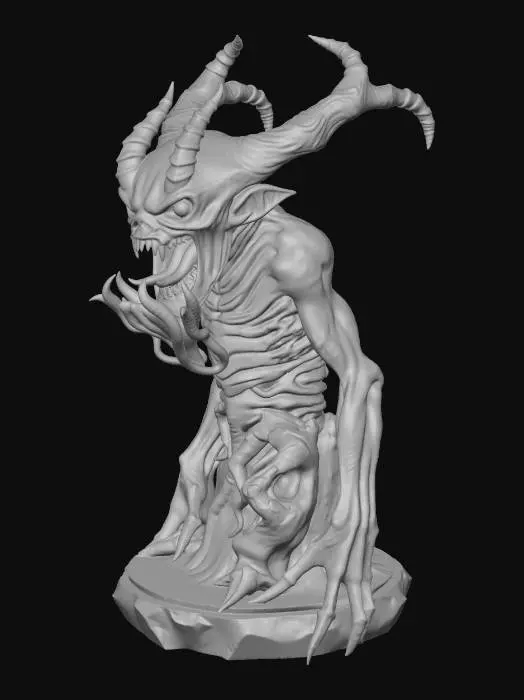 3D model for Chorozon inspired eldritch demon collectible statue, grotesque warped humanoid form, partially dissolving body, sections of the torso fading into smoke-like solid shapes, thick shadowy tendrils emerging from back and shoulders, wide unnatural mouth filled with multiple layered tongues twisting over each other, deep hollow throat, asymmetrical anatomy, hunched but powerful posture

surface looks like dark semi-solid void matter mixed with rough volcanic stone, subtle cracks emitting dim inner glow, unsettling presence, disturbing but sculptural design

tentacles thick and structurally supported, no thin fragile parts, solid geometry, integrated sturdy base with swirling solid smoke forms connecting to ground

highly detailed sculpture, resin collectible statue, 3D printable, watertight mesh