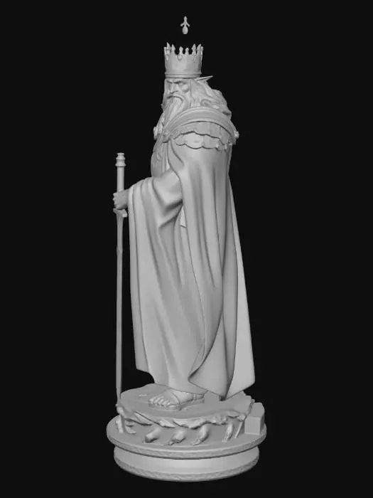 3D model for regal high elven king statue inspired by ancient elven nobility, tall elegant male elf with refined sharp features and long flowing dark hair

simple circular elven crown, smooth silver band with subtle elegant engravings, no top ornament, no central spike

ornate but refined elven armor with clean flowing patterns, not excessive detail

long white royal cape attached to shoulders for stability

holding elegant straight longsword, blade pointing downward

heroic balanced stance, integrated stone pedestal base

3D printable, solid geometry, clean topology