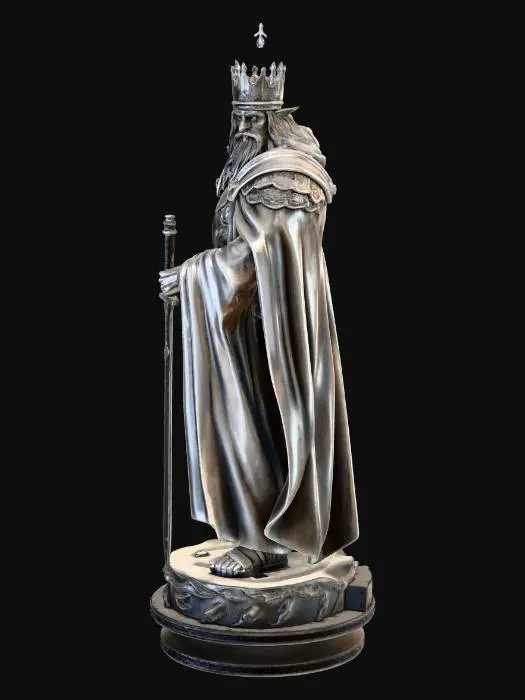 3D model for regal high elven king statue inspired by ancient elven nobility, tall elegant male elf with refined sharp features and long flowing dark hair

simple circular elven crown, smooth silver band with subtle elegant engravings, no top ornament, no central spike

ornate but refined elven armor with clean flowing patterns, not excessive detail

long white royal cape attached to shoulders for stability

holding elegant straight longsword, blade pointing downward

heroic balanced stance, integrated stone pedestal base

3D printable, solid geometry, clean topology