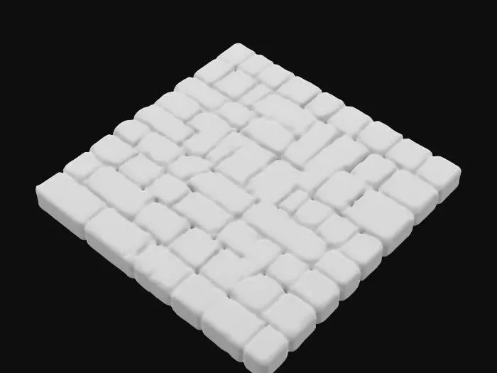 3D model for large medieval bricks, seamless tileable floor, thick stone bricks, staggered pattern, chipped edges, worn cracks, aged stone surface, recessed mortar, game-ready, low-poly, clean UV map, PBR texture support