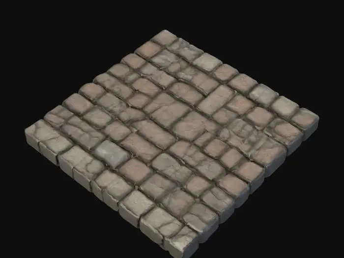 3D model for large medieval bricks, seamless tileable floor, thick stone bricks, staggered pattern, chipped edges, worn cracks, aged stone surface, recessed mortar, game-ready, low-poly, clean UV map, PBR texture support