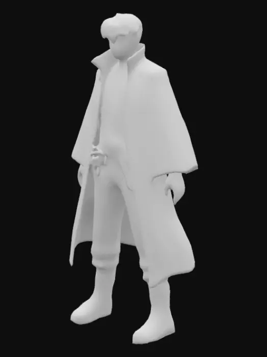 3D model for Illustrate a cool and composed male character in a futuristic Tokyo sci-fi setting. His streetwear combines traditional Japanese elements like a modernized kimono jacket with cybernetic enhancements, including glowing threads and metallic accents. His pants are tapered and feature integrated energy panels, and his footwear is a mix of tabi-style boots and high-tech soles.