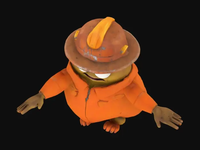 3D model for A cartoony, slug-like creature with stubby legs, wearing a worn-out miner's hard hat and an oversized orange jumpsuit. The creature has a slightly goofy but anxious expression, large expressive eyes, and a nervous posture, as if it’s always expecting something bad to happen. It stands in a gritty, dimly lit environment reminiscent of a horror survival game like Lethal Company. smooth. T-pose