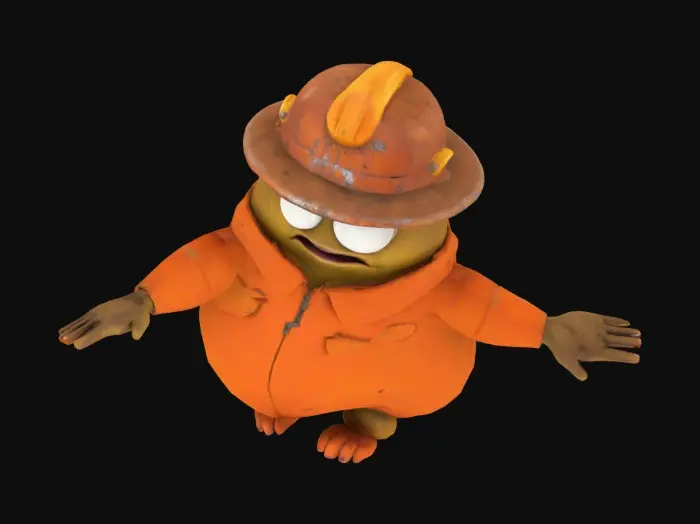 3D model for A cartoony, slug-like creature with stubby legs, wearing a worn-out miner's hard hat and an oversized orange jumpsuit. The creature has a slightly goofy but anxious expression, large expressive eyes, and a nervous posture, as if it’s always expecting something bad to happen. It stands in a gritty, dimly lit environment reminiscent of a horror survival game like Lethal Company. smooth. T-pose