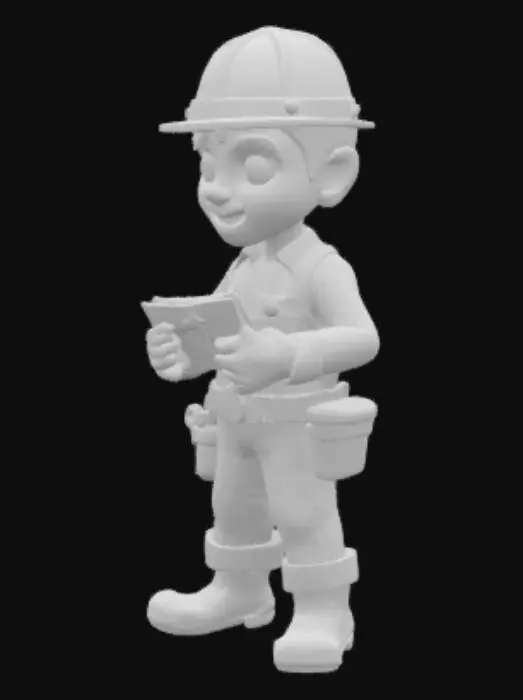 3D model for Bob the builder holding up bible with flat Christian cross on front cover and text "Bible" longways down spine in his right hand 3d model for 3d printing without supports sized to fit 90 percent of k1 max 3D printer 

