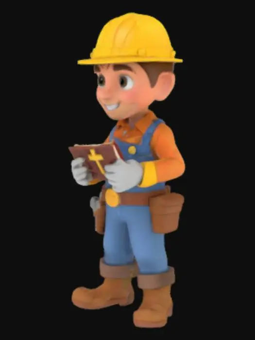 3D model for Bob the builder holding up bible with flat Christian cross on front cover and text "Bible" longways down spine in his right hand 3d model for 3d printing without supports sized to fit 90 percent of k1 max 3D printer 
