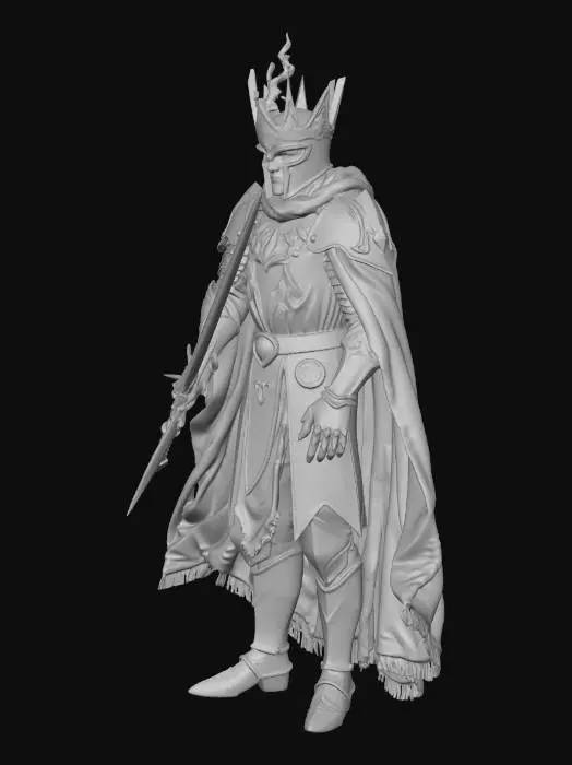 3D model for A majestic, full-body armored king stands stoically in dark, textured metal plate armor, adorned with vibrant neon streaks. A tattered deep red cloak drapes behind him. His helmet is topped with an intense, jagged crown of golden lightning. Both hands are clasped over the hilt of a radiant, glowing light blue sword. The figure is isolated against a pure black background, with subtle glowing particles floating around.