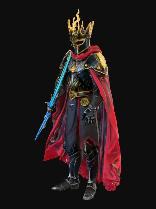 3D model for A majestic, full-body armored king stands stoically in dark, textured metal plate armor, adorned with vibrant neon streaks. A tattered deep red cloak drapes behind him. His helmet is topped with an intense, jagged crown of golden lightning. Both hands are clasped over the hilt of a radiant, glowing light blue sword. The figure is isolated against a pure black background, with subtle glowing particles floating around.