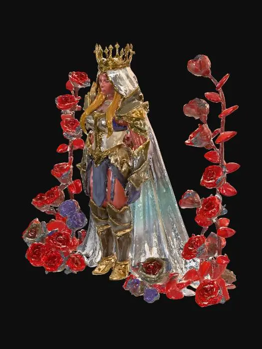 3D model for A regal female figure, partially clad in iridescent, dark-toned fantasy armor with sharp spikes on the shoulder, kneels gracefully amidst scattered red roses. She wears a flowing white veil over golden headgear that resembles a crown, with long, light-colored hair cascading down. The armor gleams with metallic reflections of ambient colorful light, creating a dramatic and mystical aesthetic, evoking a blend of vulnerability and power.