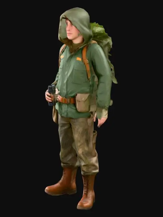 3D model for Forest Scout
Agile character in camouflage pants, forest green jacket, brown boots, with a leafy hood or cape. Has pouches and binoculars slung at the side. Bare face with mud streaks for concealment.