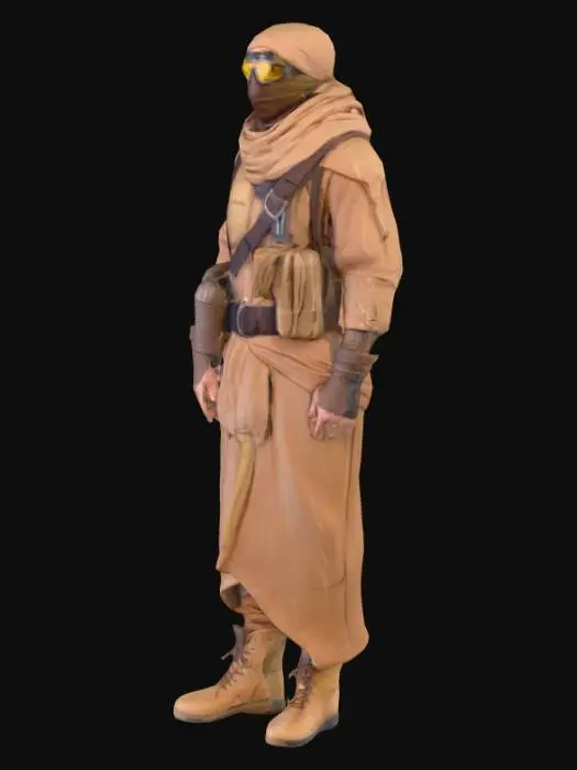 3D model for Desert Nomad
Rugged survivor with tan/brown robes, a face wrap for dust protection, tactical vest, and sand-colored boots. Simple armor and a bandolier on the chest, carrying a canteen and solar goggles.