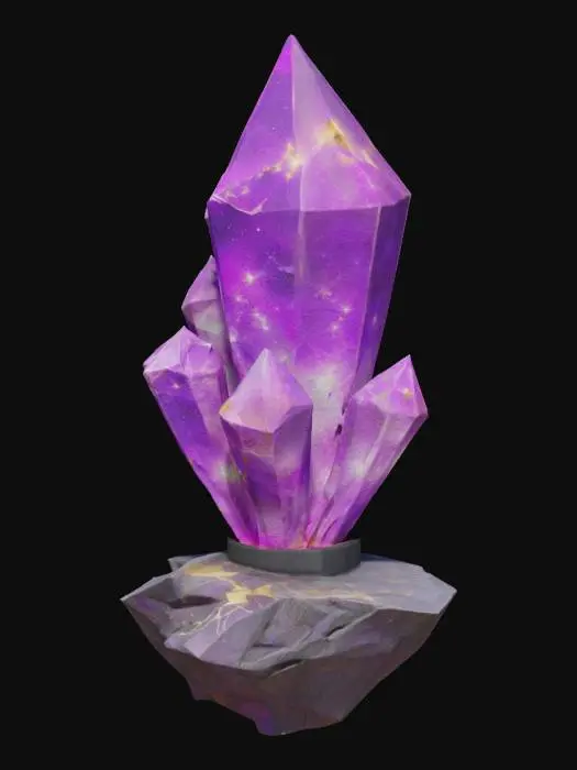 3D model for Floating fractal crystal with internal constellations (purple and gold nebula trapped inside), prismatic refraction edges, cracked obsidian base, and particle-effect stardust orbiting the surface. Ensure geometry supports light-ray tracing for refractive realism. 