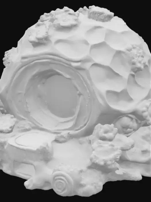 3D model for Massive sci-fi coral house structure with iridescent nacre surfaces (rainbow patina), barnacle clusters, embedded glowing plankton (soft green emissive zones), and eroded tidal patterns. Include tessellation for micro-surface detail.